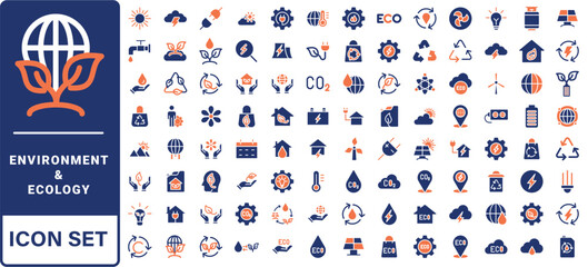 Environment and Ecologe icon set. Containing recycling, plant, nature, eco, earth, green energy, trees, ecology and more. Solid vector icons collection.