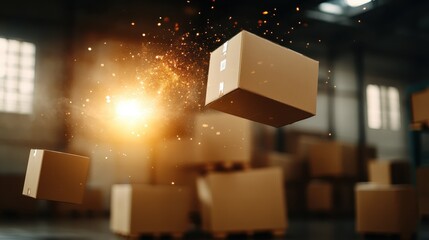 A visually striking image showcasing flying cardboard boxes amidst an energetic explosion, capturing the excitement of logistics and the movement within a bustling warehouse environment.