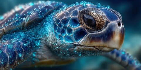 Intricate detail showcases a stunning, glowing sea turtle in its aquatic environment.