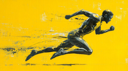 Athletic sprint captured in expressive acrylic style on (yellow) background