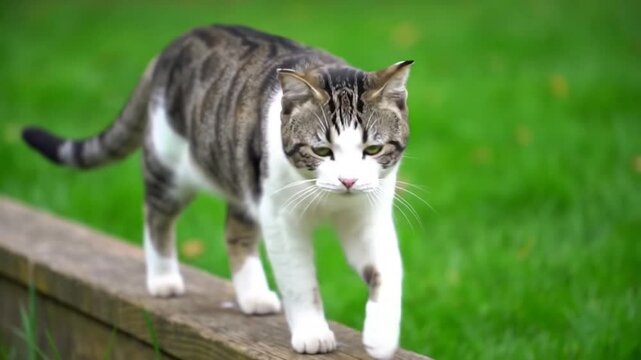 Calico cat walking wooden beam in grassy outdoor setting. Patchy feline navigating narrow path with focused expression. Tricolor cat exploring nature with green eyes.