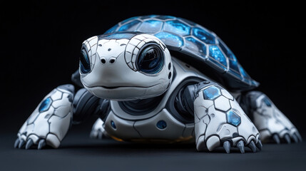 Futuristic turtle figurine, white and blue, mechanical design