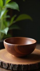 Deep brown, polished wood bowl Smooth surface, elegant form , kitchenware, object, beautiful