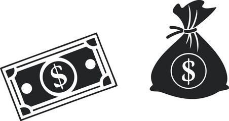 Black and White Money Illustration – Single Dollar Bill on Left and Tied Money Bag with Dollar Sign on Right – Minimalist Wealth and Finance Symbol for Logos, Business Graphics, and Financial Design