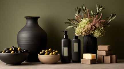 Still life of dark vessels, olives, soaps, and a floral arrangement against a muted green backdrop