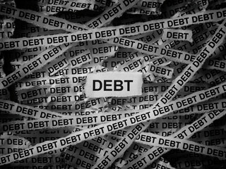 Strips of newspaper with the words Debt typed on them. Black and white.