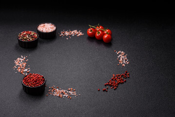 Ingredients for cooking cherry tomatoes, salt, spices and herbs