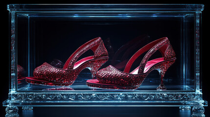 Sparkling crimson shoes in a crystal display case