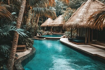 Fototapeta premium Tropical Pool Villas, Lush Garden, Relaxing Retreat, Vacation Spot