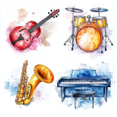 Set of 4 musical instruments in colorful watercolor style -Vol. 1 