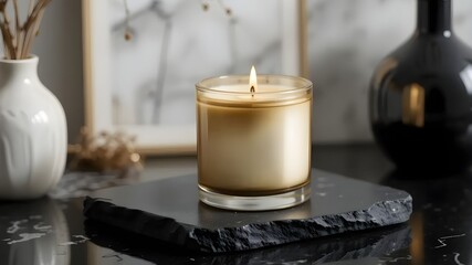 Soy candle with white wax, placed on matte black stone surface, surrounded by minimalist decor and dark reflections.