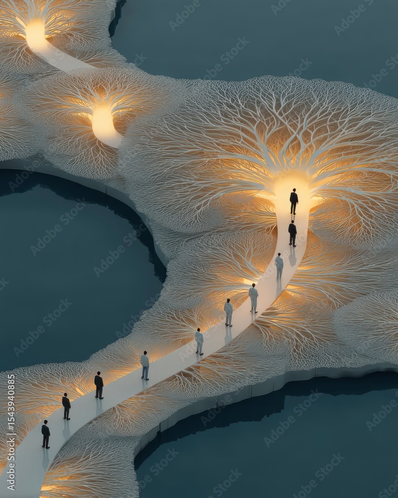 Poster glowing pathways: abstract network of illuminated paths with figures
