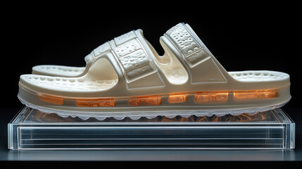 Pair of cream-colored sandals on a clear acrylic display.  The sandals feature double straps, a chunky, textured sole with orange accents, and a raised platform
