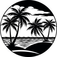 Ocean Sunset With Palm Silhouette Vector Silhouette On White Background