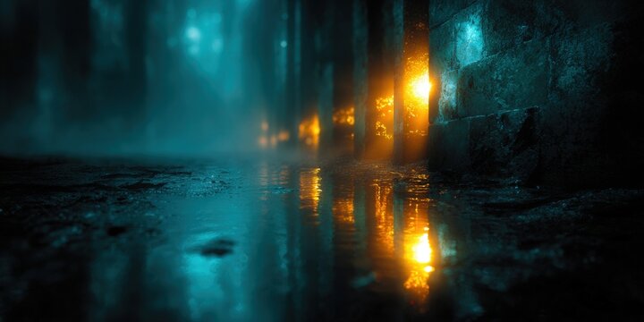 A dramatic, atmospheric night scene in a dark urban alleyway with glowing lights reflecting.