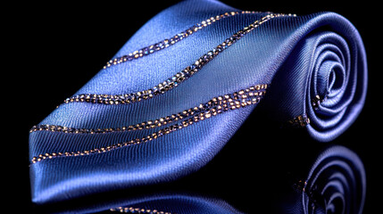 Rolled tie, deep blue, subtle gold stripes with embellishments