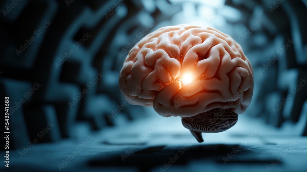 Poster a digital rendition of a human brain glowing in a dark tunnel, symbolizing innovation and intelligen