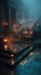 Golden Ambient Fog Lifting Off Wet Stone Steps