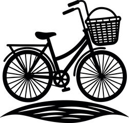 Bike Ride With Beach Basket Vector Silhouette On White Background