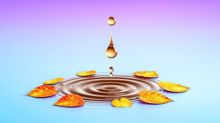 Golden Drop Falling into Still Water with Autumn Leaves
