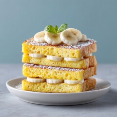 Golden French Toast Stack with Banana Slices and Powdered Sugar