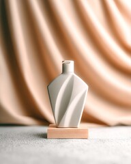 Elegant Grey Shampoo Bottle on Wooden Stand Against Beige Fabric