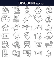 Fototapeta premium Set of 30 line icons about discount, sale, and offers. Includes tags, coupons, shopping, percentage signs, and gift symbols. Ideal for e-commerce, retail, banners, apps, and marketing materials.