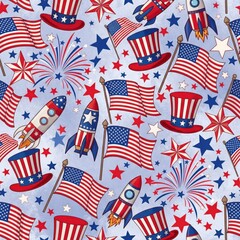 Fototapeta premium A festive 4th of July pattern featuring cartoon rockets, flags, and patriotic hats on a blue background, perfect for celebrations 