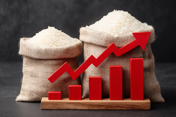 Rising Rice: A vivid image that communicates the rising costs or increased production of rice, represented by overflowing sacks of rice and an upward-trending graph.