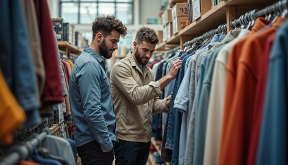 Obraz premium Two young gay friends choosing clothes in fashion store with joyful mood and copy space