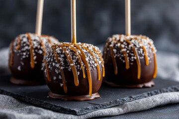 Dark Chocolate Ganache Caramel Apples with Sea Salt on Slate Tray &ndash; Upscale Minimalist Style
