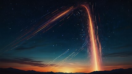 Majestic Sunset with Streaking Light Trails Across Night Sky Abstract Cosmic Artwork