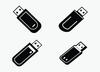 usb flash drive silhouette icon set, black and white silhouette, vector illustration icon