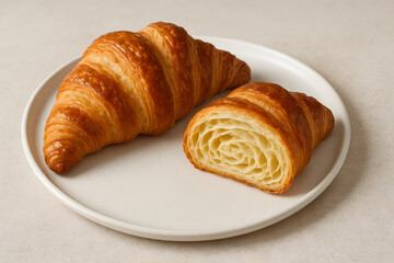 Two flaky croissants on white plate closeup isolated background delicious breakfast food staple