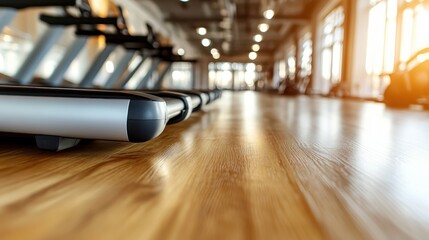 A modern gym interior featuring rows of treadmills set on polished wooden flooring, illuminated by natural light through large windows, creating an inviting workout space.