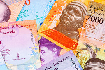Venezuelan money. Set of paper banknotes of the national currency of Venezuela.