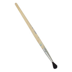 A paintbrush with a wooden handle and a rounded tip, used for applying paint in various artistic endeavors.