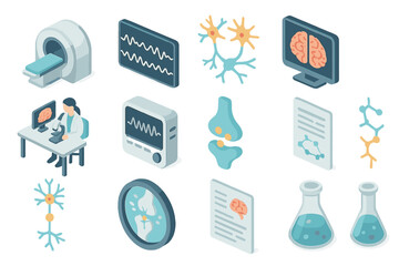Obraz premium Isometric medical icons: mri, brain, neurons, doctor in lab