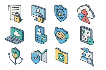 Cybersecurity icons: data protection, privacy shield, cloud safety