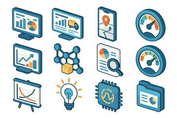 Isometric business and technology icons: charts, devices, lightbulb, graphs