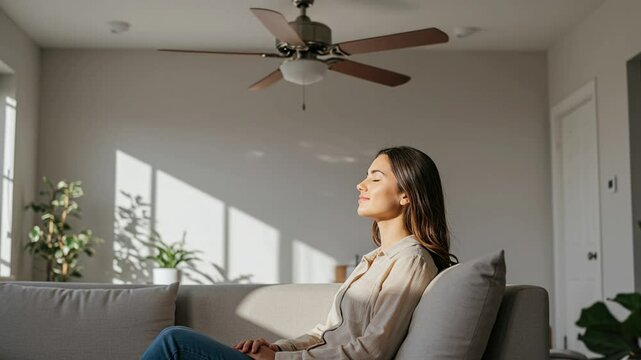 Woman Sitting Under Spinning Ceiling Fan in Bright Minimalist Room