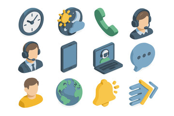 Isometric communication icons including call center and technology elements