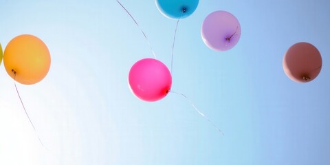Colorful balloons ascend against a clear blue sky, creating a festive and cheerful scene.