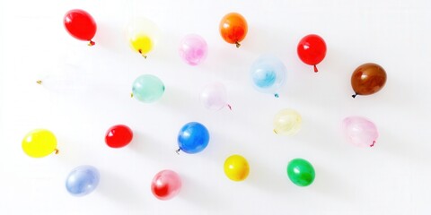 Vibrant balloons in various colors float against a crisp white backdrop, creating a joyful scene.