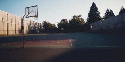 A serene basketball court bathed in the warm light of a late afternoon, ready for play.