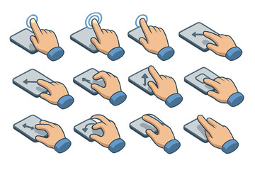 Set of hand gesture icons illustrating smartphone touchscreen interactions