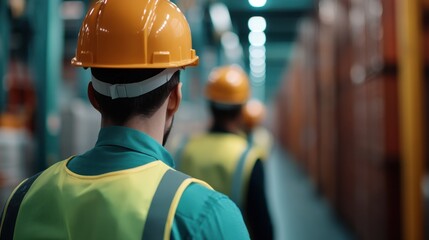 A group of warehouse workers in safety gear walk through the aisles, symbolizing teamwork, safety, and diligence in a busy industrial environment, showcasing unity and hard work.