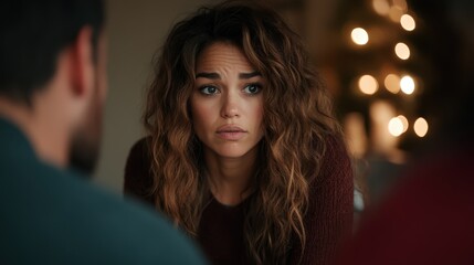 Fototapeta premium A woman with curly hair wears a pensive expression as she listens to two individuals, capturing a moment of deep emotional engagement in a warm setting.