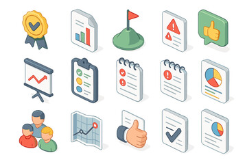Isometric business icons for analytics and performance evaluation
