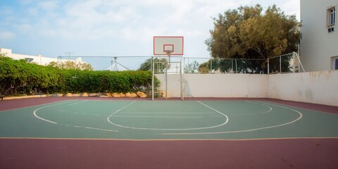 The outdoor basketball court is ready for some action under the bright daylight and a clear blue sky.
